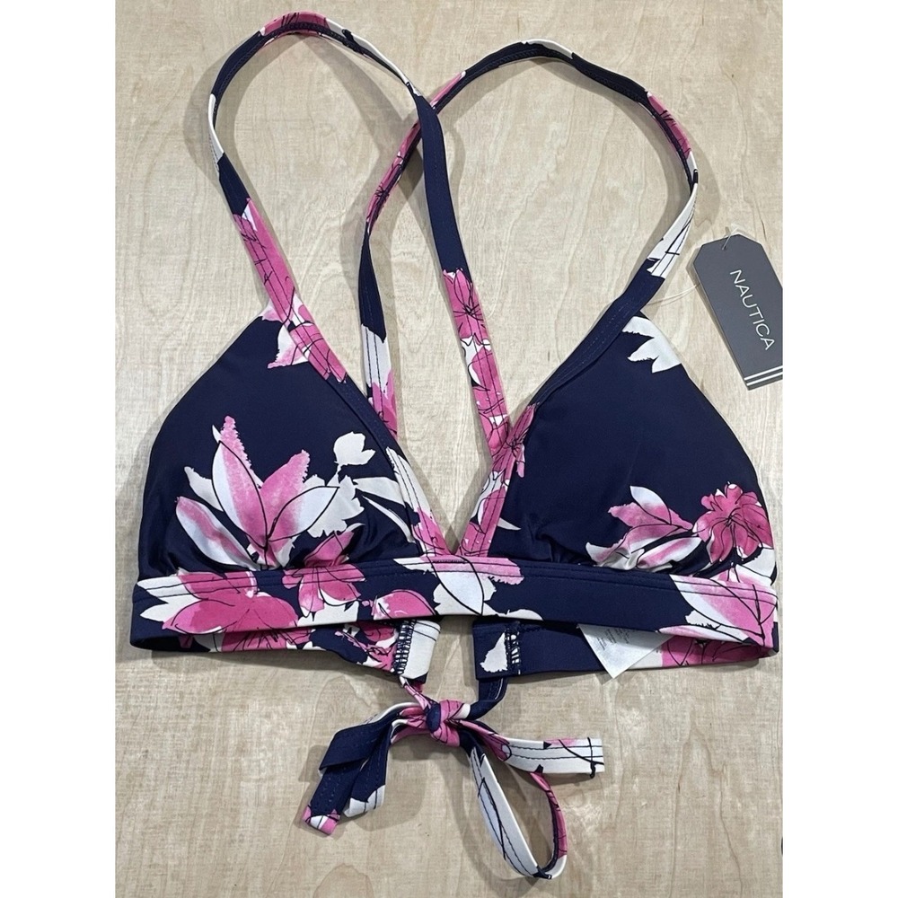 Nautica Womens Bikini Top Navy Pink Floral Racerback Halter Swimwear Size S